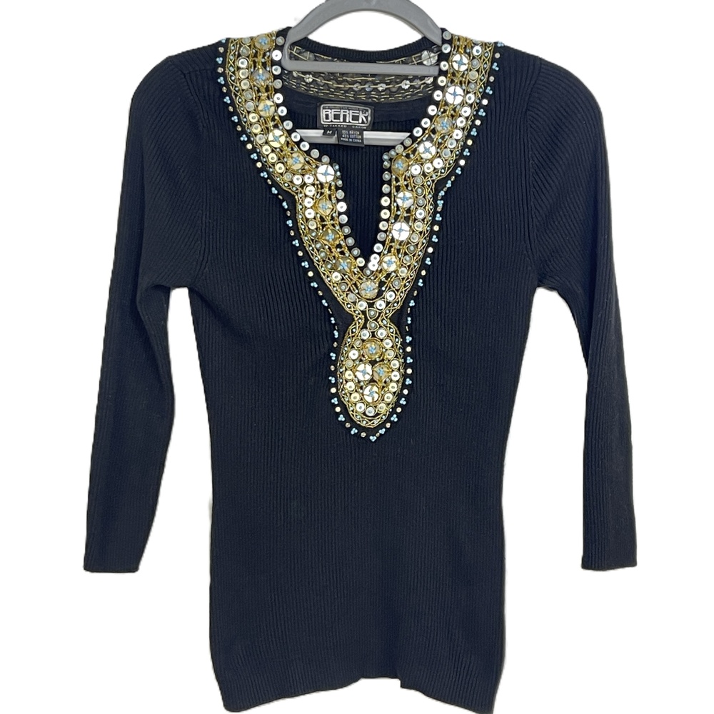 Vintage Berek Beaded Black Embellished V-Neck Top Medium
